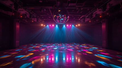 Concert stage with bright spotlights and vibrant lights