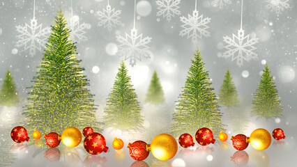 Christmas Trees Background with Hanging Snowflakes and Red&ndash;Gold Ornaments