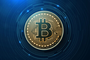 Bitcoin Gold Coin on Blue Tech Background &mdash; Cryptocurrency Blockchain Concept