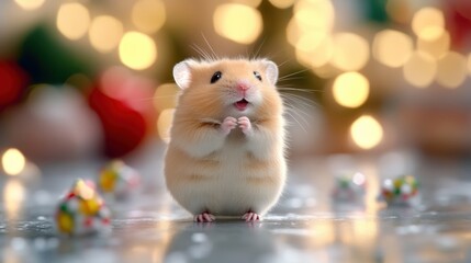 A cute hamster stands on a shiny surface with colorful bokeh lights and small candies in the background.