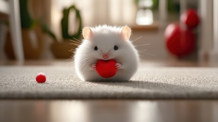 A fluffy white hamster holds a small red ball while sitting on a carpeted floor in a cozy indoor setting.