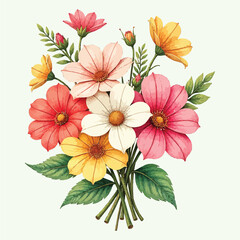 Obraz premium Beautiful watercolor bouquet of colorful flowers and green leaves isolated on white background