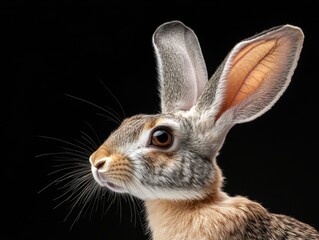 Obraz premium Close-up portrait of a rabbit with large ears, detailed fur, and a black background.