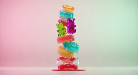 Colorful gummy candy tower melting in a sweet cascade. Assorted jelly sweets and gummy bears stacked in a playful composition. Confectionery art for food marketing and packaging design