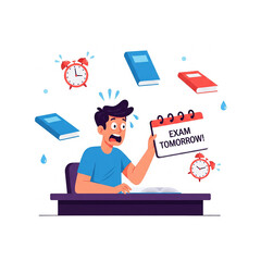 Student panics over exam tomorrow surrounded by books and alarms