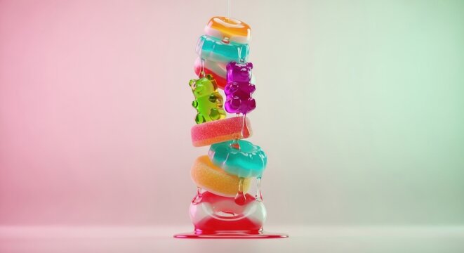 Colorful gummy candy tower melting in a sweet cascade. Assorted jelly sweets and gummy bears stacked in a playful composition. Confectionery art for food marketing and packaging design - Powered by Adobe