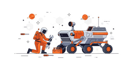 Astronaut repairing mars rover in space environment showcasing space exploration concept