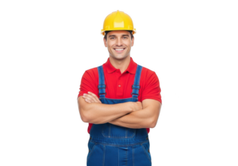 Smiling construction worker wearing a yellow hard hat and blue overalls with arms crossed isolated on transparent background