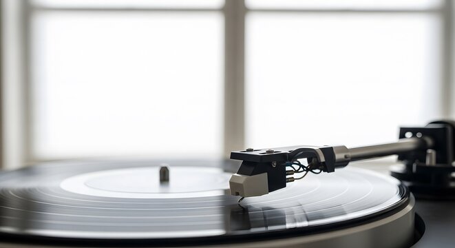 Vinyl record player, Close-up of record player and vinyl record with a bright window