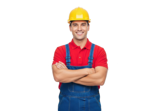 Smiling construction worker wearing a yellow hard hat and blue overalls with arms crossed isolated on transparent background