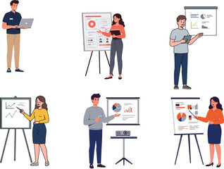 Business professionals presenting data, vector illustration of office workers with charts, graphs, and screens in modern workplace settings