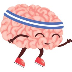 Anthropomorphic Brain Character With Pink Cerebral Cortex And Blue Headband Exercising On A White Background In A Dynamic Pose