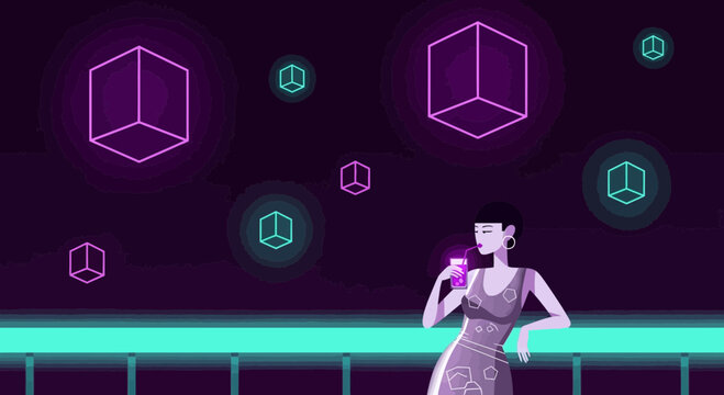 Elegant woman enjoying a neon cocktail night with geometric designs and modern vibes