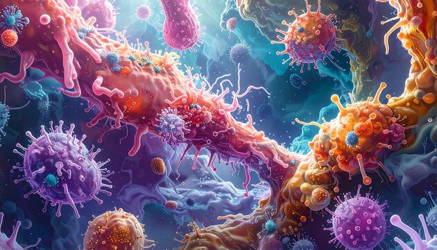 Artistic illustration of viruses and microorganisms in a colorful microscopic view - Powered by Adobe