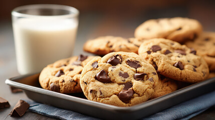 freshly baked chocolate chip cookies with milk on a tray
