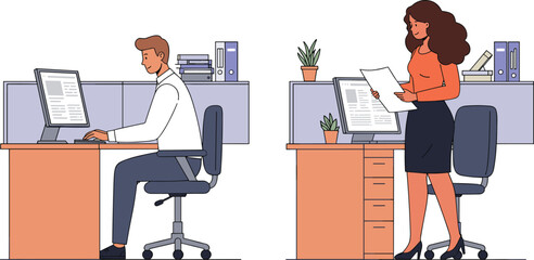 Office workers in modern workspace, vector illustration of professional business environment with desk, computer, documents, and workplace interaction