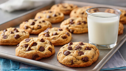 freshly baked chocolate chip cookies with milk on a tray