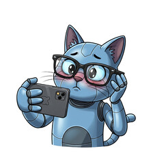Nervous robot cat takes selfie with smartphone, blushing shyly