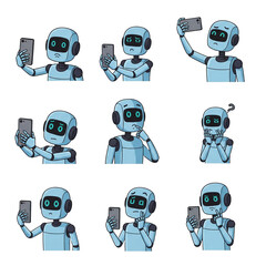 Cute robot character expresses various emotions while using smartphone