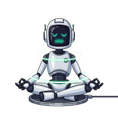 Robot meditating peacefully with glowing energy rings, seeking calm