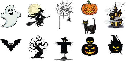 Halloween silhouettes of ghost, witch, pumpkin, haunted house, bat, spider, scarecrow, cauldron, and spooky tree, vector illustration set