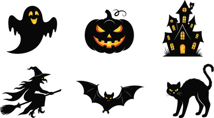 Halloween silhouettes of ghost, pumpkin, witch, bat, cat, and haunted house, vector illustration for spooky seasonal design
