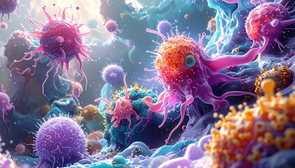 Artistic rendering of viruses and cells in a microscopic and colorful environment