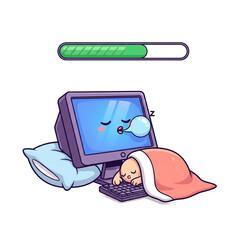 Cute sleeping computer with loading bar, ready for work or a break time