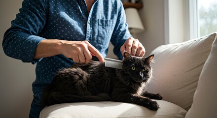Man Brushing Long-Haired Black Cat on Sofa