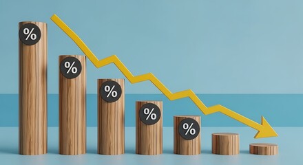 Dramatic declining percentage chart with yellow arrow, illustrating economic downturn or sales decline, for business presentations and financial analysis