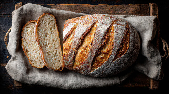 rustic sourdough bread loaf sliced on linen cloth flat lay