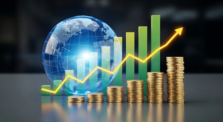 Global financial growth showing upward trend with gold coins and world globe, perfect for investment, business, and economic success visuals now