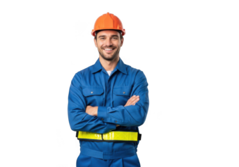 Smiling construction worker wearing blue coveralls and an orange hard hat with arms crossed isolated on transparent background