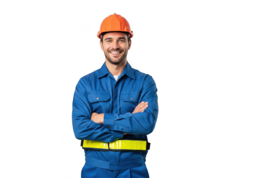 Smiling construction worker wearing blue coveralls and an orange hard hat with arms crossed isolated on transparent background