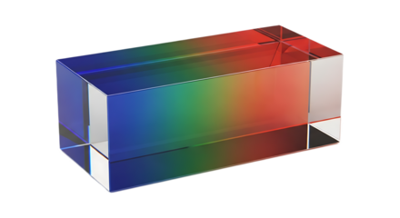 A rectangular prism displaying a gradient of colors from blue to red in a studio setting
