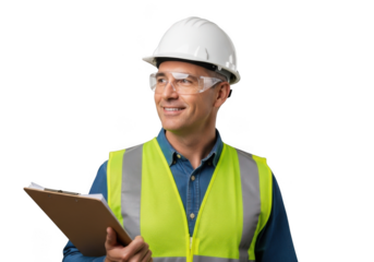Smiling construction worker wearing a white hard hat and bright yellow safety vest holding a clipboard isolated on transparent background
