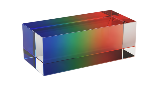 A rectangular prism displaying a gradient of colors from blue to red in a studio setting