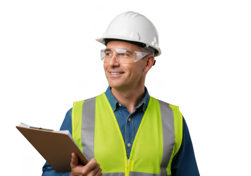 Smiling construction worker wearing a white hard hat and bright yellow safety vest holding a clipboard isolated on transparent background - Powered by Adobe