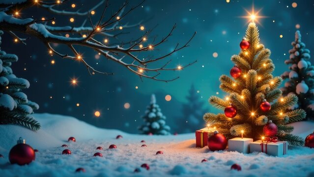 A Christmas tree decorated with gifts and surrounded by snow
