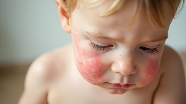 A young child with a noticeable red spot on their face, possibly due to a minor injury or skin condition