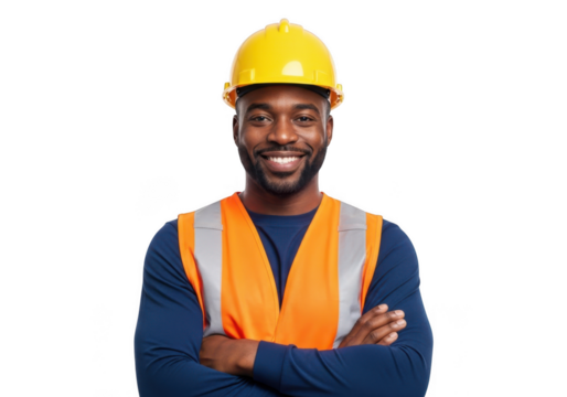 Smiling construction worker wearing a yellow hard hat and orange safety vest with arms crossed isolated on transparent background