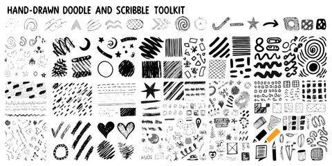 Collection of hand drawn black and white doodle and scribble elements for design toolkit