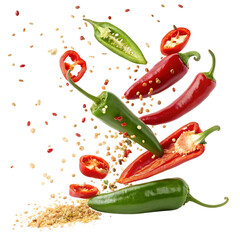 Falling bursting chili peppers, cutout PNG transparent background
