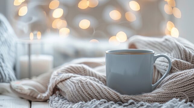 White ceramic mug on knitted beige blanket with blurred warm lights and candles in background, cozy home atmosphere, winter relaxation concept. - Powered by Adobe
