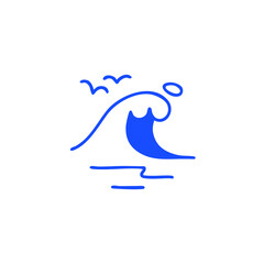 Blue wave with two birds and ocean line graphic
