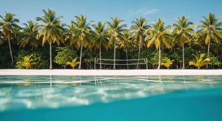 Tropical paradise beach with a volleyball court. Exotic island getaway for summer vacation. Split level view of turquoise ocean water and white sand. Luxury resort activity and team sport concept
