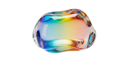 Iridescent blob with rainbow reflections isolated against a black background in a studio shot