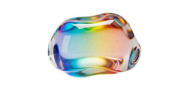 Iridescent blob with rainbow reflections isolated against a black background in a studio shot