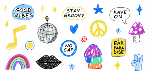 Collection of fun hand drawn doodles featuring good vibes stay groovy rave on and peace symbols