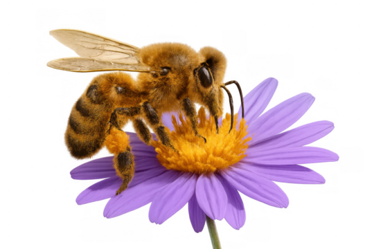 Honey bee gathering pollen and nectar from a purple aster flower, important pollination process on transparent background